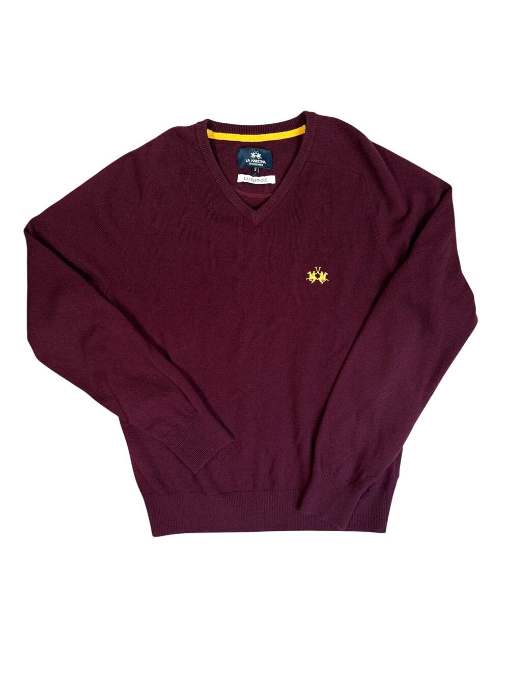 La Martina Sweater Mens Small Red Lambswool V Neck Polo Equestrian Preppy